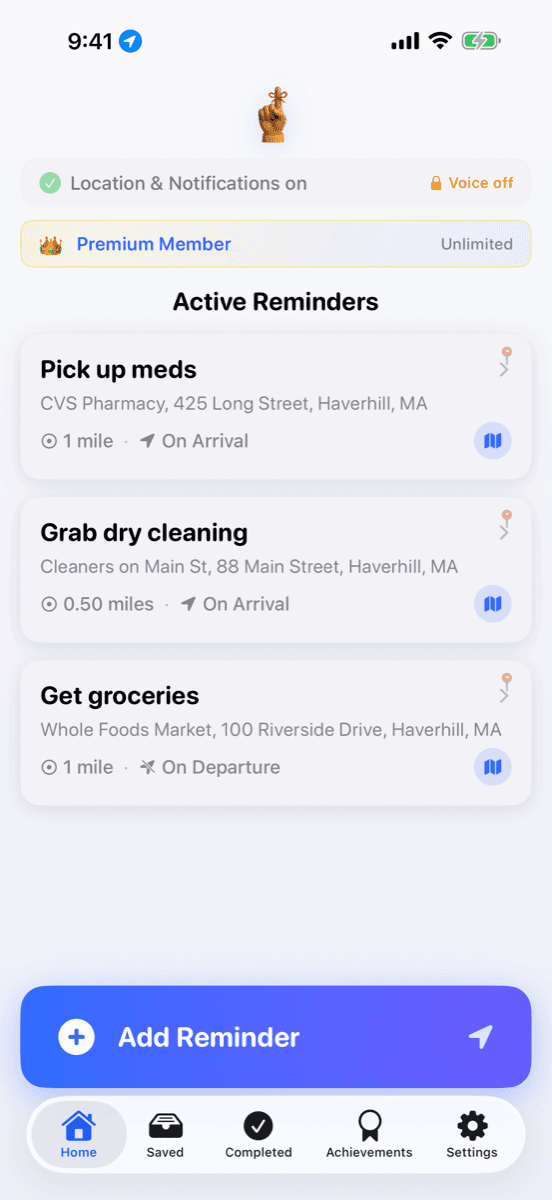 Aviso home screen showing three active location reminders